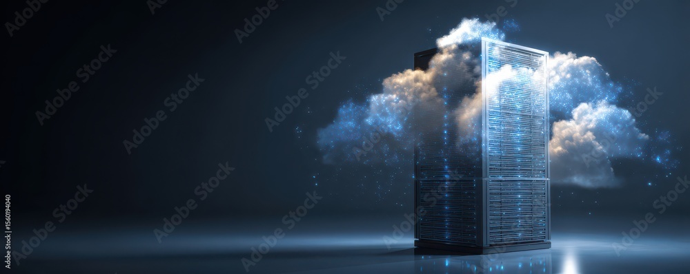 Poster modern data server surrounded by digital cloud and light effects in a dark environment