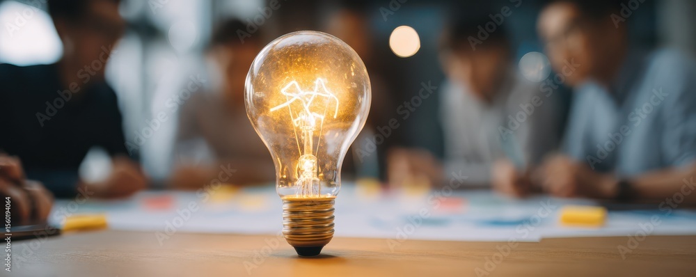Poster light bulb glowing brightly on table amid blurred people discussing ideas in collaborative workspace
