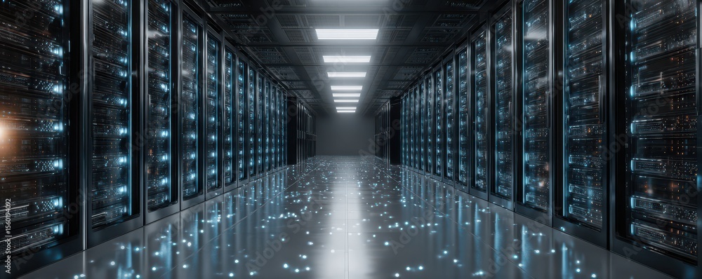 Poster futuristic data center corridor with rows of digital servers illuminated by blue lights reflecting o