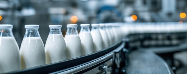 Bottled Milk Production Process on a Conveyor Belt in a Dairy Factory Environment