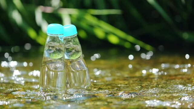 Two glass bottles of ramune soda in a cool river, Beverage or drink, Nobody