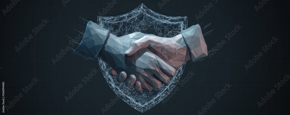 Poster digital representation of trust and partnership with abstract hands shaking over shield design