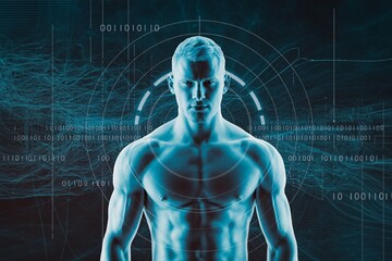 Futuristic muscular man with digital HUD interface, binary code and cyber technology sci-fi concept.