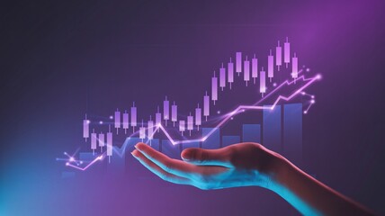Stock market financial growth graph with futuristic neon hand holding digital data chart analytics.