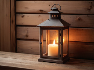 Rustic Wooden Lantern with Lit Candle on Wooden Surface