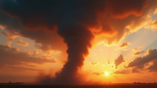 Tornado Funnel with Fiery Sky During Storm