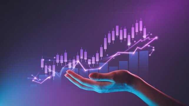 Stock market financial growth graph with futuristic neon hand holding digital data chart analytics. - Powered by Adobe