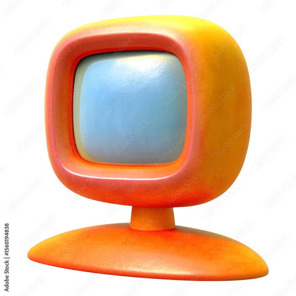 Poster 3 d render of a retro orange computer monitor with a rounded screen and base, a futuristic design co