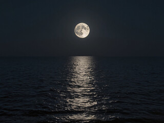 Full Moon Over Calm Ocean at Night Serene Night Sky Photography