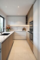 Modern Minimalist Kitchen Design Sleek Marble Countertops, Stainless Steel Appliances, and Custom Cabinetry. Perfect Inspiration for Contemporary Home Renovation.