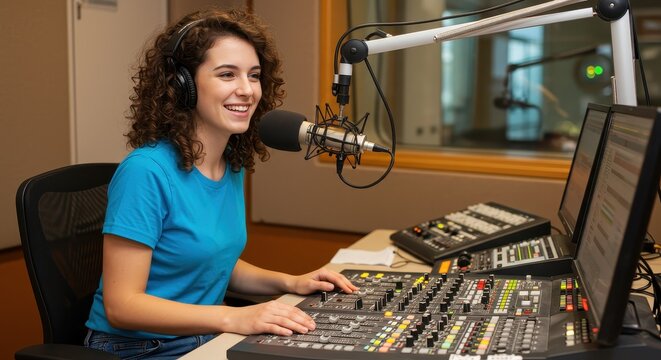 Happy young woman recording a podcast in radio studio