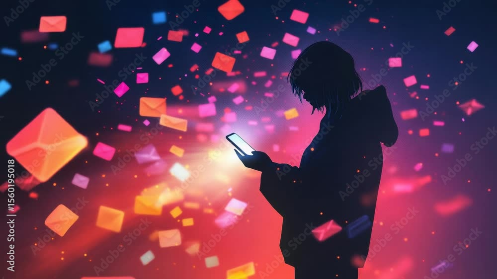 Aufkleber Digital communication concept showing woman immersed in smartphone screen with colorful email envelopes swirling dynamically around her digital workspace