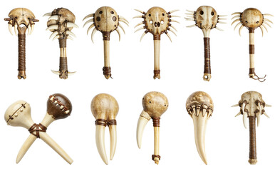 Primitive musical instruments displayed on transparent background  