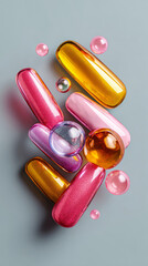 Bright summer nail set with translucent gel and colorful bubbles
