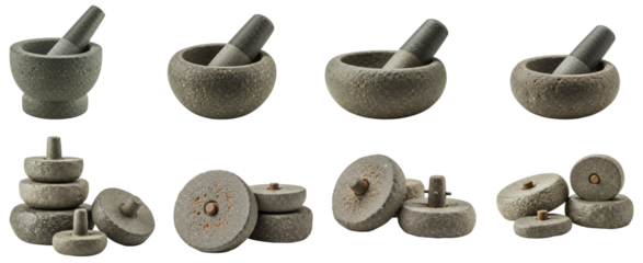 Handmade prehistoric stone mortars and pestles on transparent background  