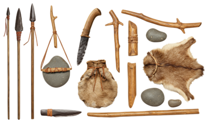 Primitive hunting tools and equipment on transparent background  