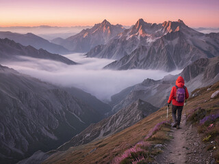 Majestic Sunrise Hike Adventurer on Mountain Trail Above Clouds