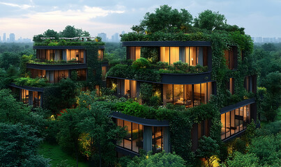 Modern buildings with verdant rooftop gardens, shrouded in lush green vegetation, blending with the surrounding forest