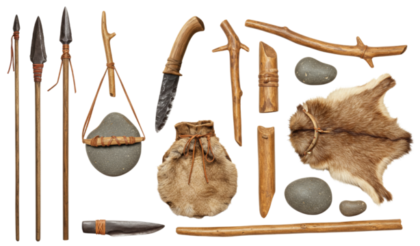 Primitive hunting tools and equipment on transparent background  