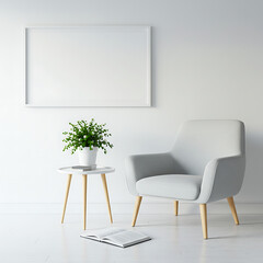 Interior scene featuring a gray armchair, a small table with a potted plant, a book, and a blank picture frame on a white wall.