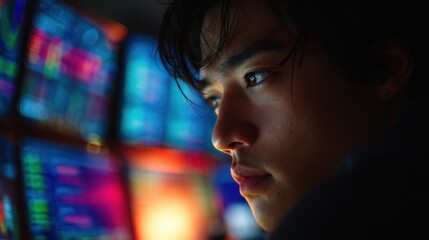 A thoughtful young man gazes intently at vibrant, glowing computer displays in a dark room.