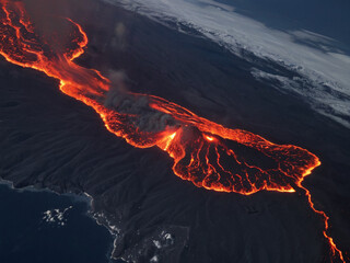 Aerial View of Glowing Lava Flowing from Volcano