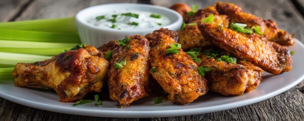 Crispy Chicken Wings Served with Celery Sticks and Creamy Dipping Sauce on Wooden Table Setting