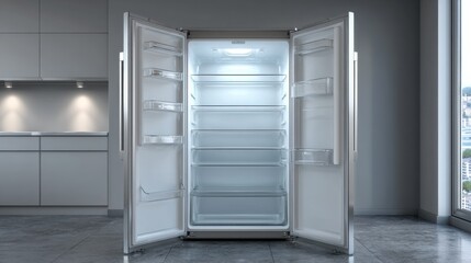 Fototapeta premium Minimalistic modern fridge door wide open, completely empty inside 