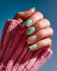 Mint green manicure with glitter and star accents in daylight and blue backdrop