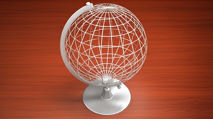 A digital wireframe globe, intricately spinning, rests upon a CEOs luxurious mahogany desk, showcasing rich wood grain and a sophisticated executive atmosphere.