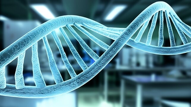 3D holographic DNA helix model rotating in a modern laboratory setting, featuring sleek stainless steel countertops and advanced scientific equipment.