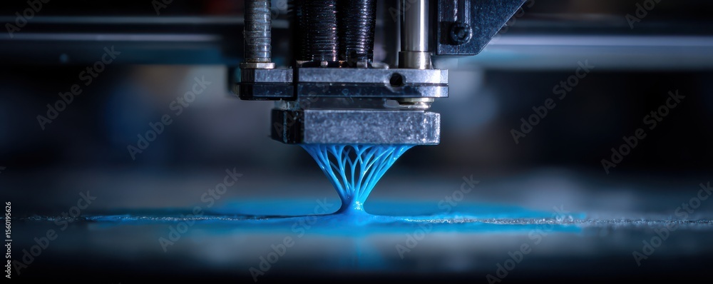 Poster close-up of a 3d printer extruder nozzle with vibrant blue filament in motion creating a layered obj