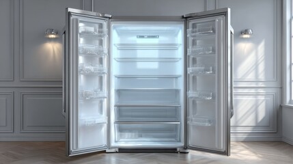 Fototapeta premium Modern refrigerator, door open revealing clean empty shelves 