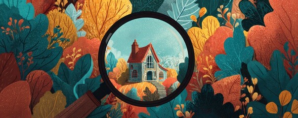 Cozy House Surrounded by Colorful Autumn Foliage Viewed Through a Magnifying Glass