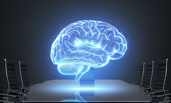 Holographic brain visualization processing data on a sleek, single-piece dark granite conference table, symbolizing futuristic technology and advanced cognition.
