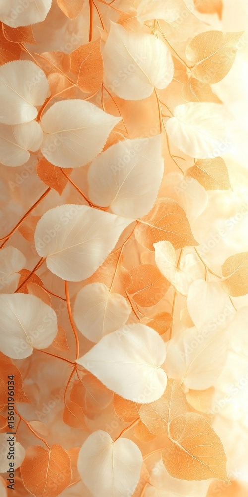 Poster whimsical autumn background with scattered leaves in soft peach and white for creative projects