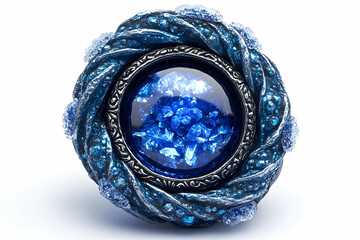Intricate sculpted, blue jewel-like object, ornately detailed with twisted, textured patterns and crystalline accents