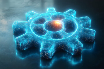 Glowing blue gear outline on a dark surface, with an orange glow emanating from its center