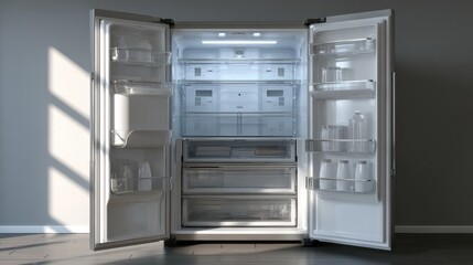 Fototapeta premium Open refrigerator with clear shelves and drawers, no contents 