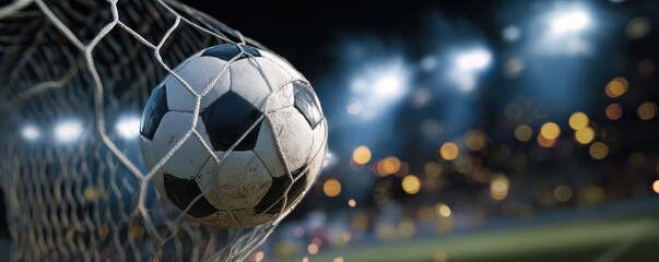 Close-Up of Soccer Ball Hitting Goalpost in Dynamic Stadium Setting with Blurry Crowd and Bright Lights