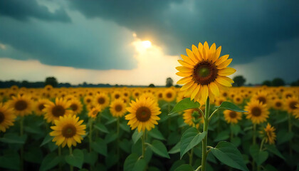 A beautiful sunflower field under a partly cloudy sky with sunlight streaming through, symbolizing warmth and happiness  4K and HD image.