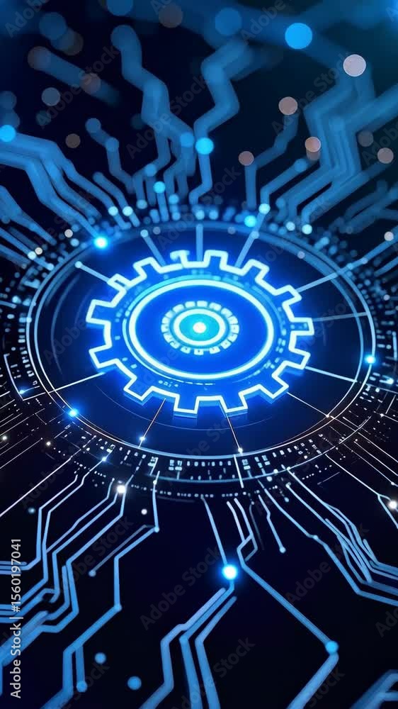 Poster abstract digital technology background with glowing lines, a cogwheel, and bokeh lights emanating fr