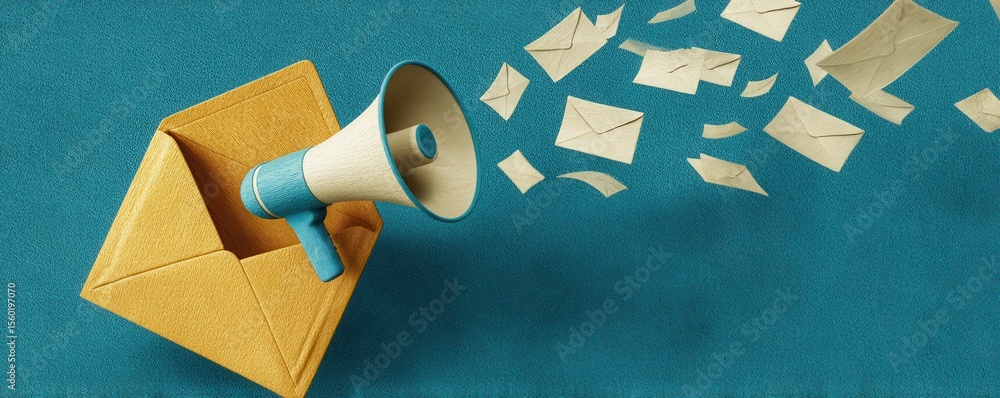 Poster creative concept of communication with megaphone emerging from envelope and flying letters on textur