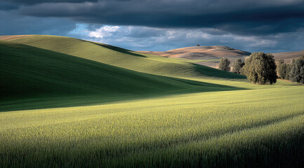 Fototapeta premium Rolling hills green field dramatic sky sunlight shadow landscape countryside nature rural peaceful