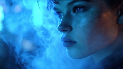 Cinematic portrait of a pensive person's face illuminated by cool blue light and mysterious smoke.