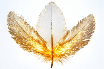 Three golden feathers arranged symmetrically on a bright white background, radiating light and texture