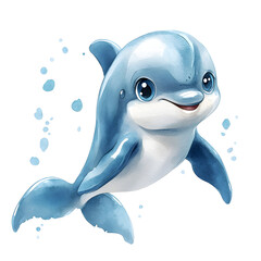Cute baby dolphin with adorable features and playful expressions. Animal character with smiling face and big eyes. Watercolor illustration isolated on transparent background.