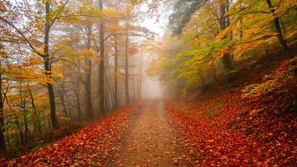 Naklejka premium Autumn forest path with vibrant foliage and misty atmosphere, creating a serene and picturesque scene.