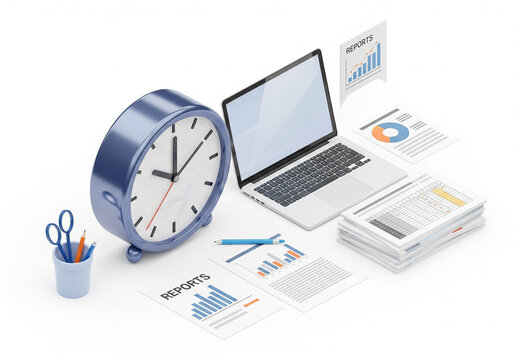 3d icon of clock with business documents and laptop, productivity time management concept, isometric clay 3d render.
