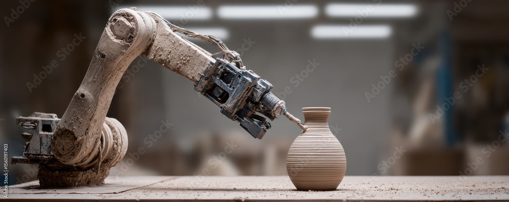 Poster robotic arm crafting pottery piece in artisan workshop with focus on precision and modern technology